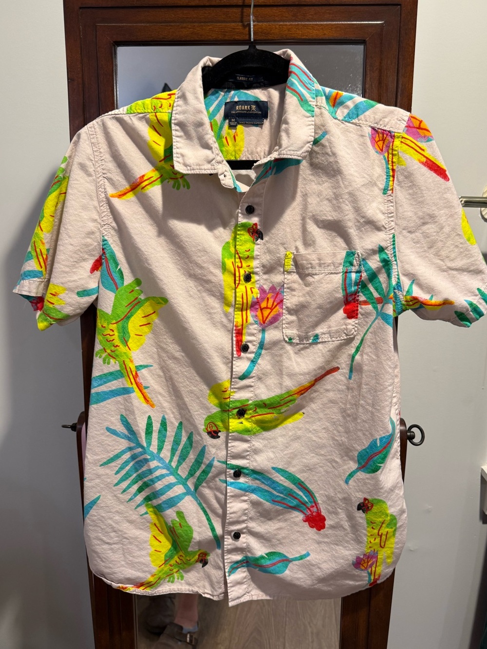 Roark White Short-Sleeve Shirt with Neon Parrot & Floral Print